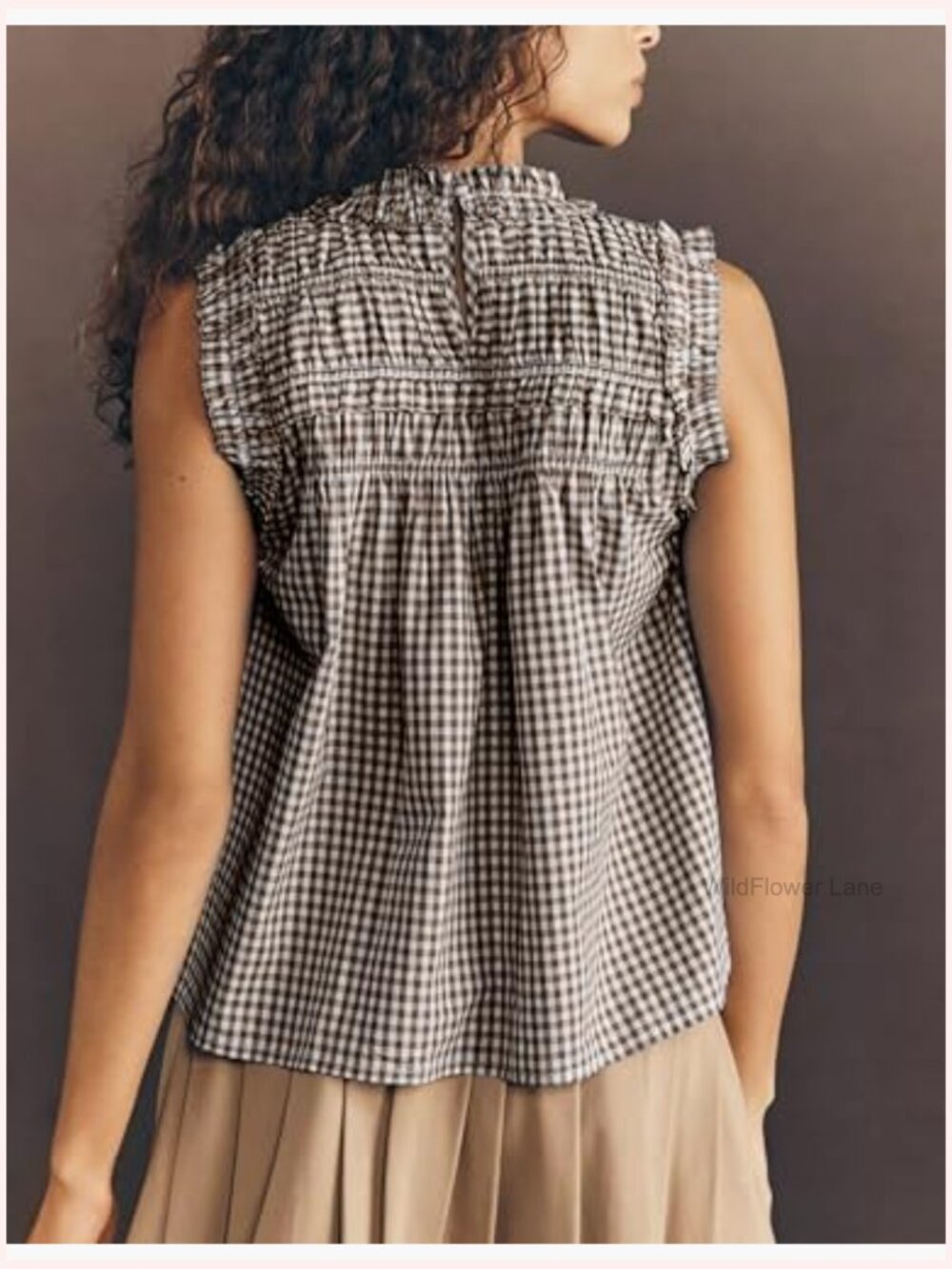 Babydoll Sleeveless Peplum Plaid Blouse Cotton Summer Top - Picture 3 of 7